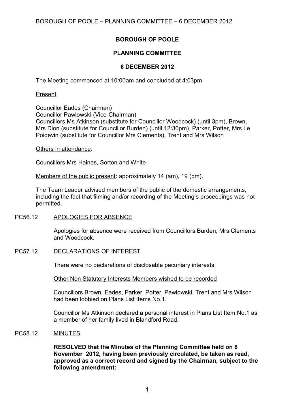Borough of Poole Planning Committee 6 December 2012