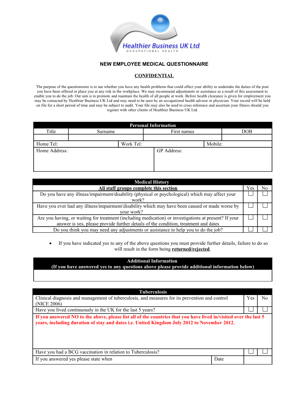 New Employee Medical Questionnaire