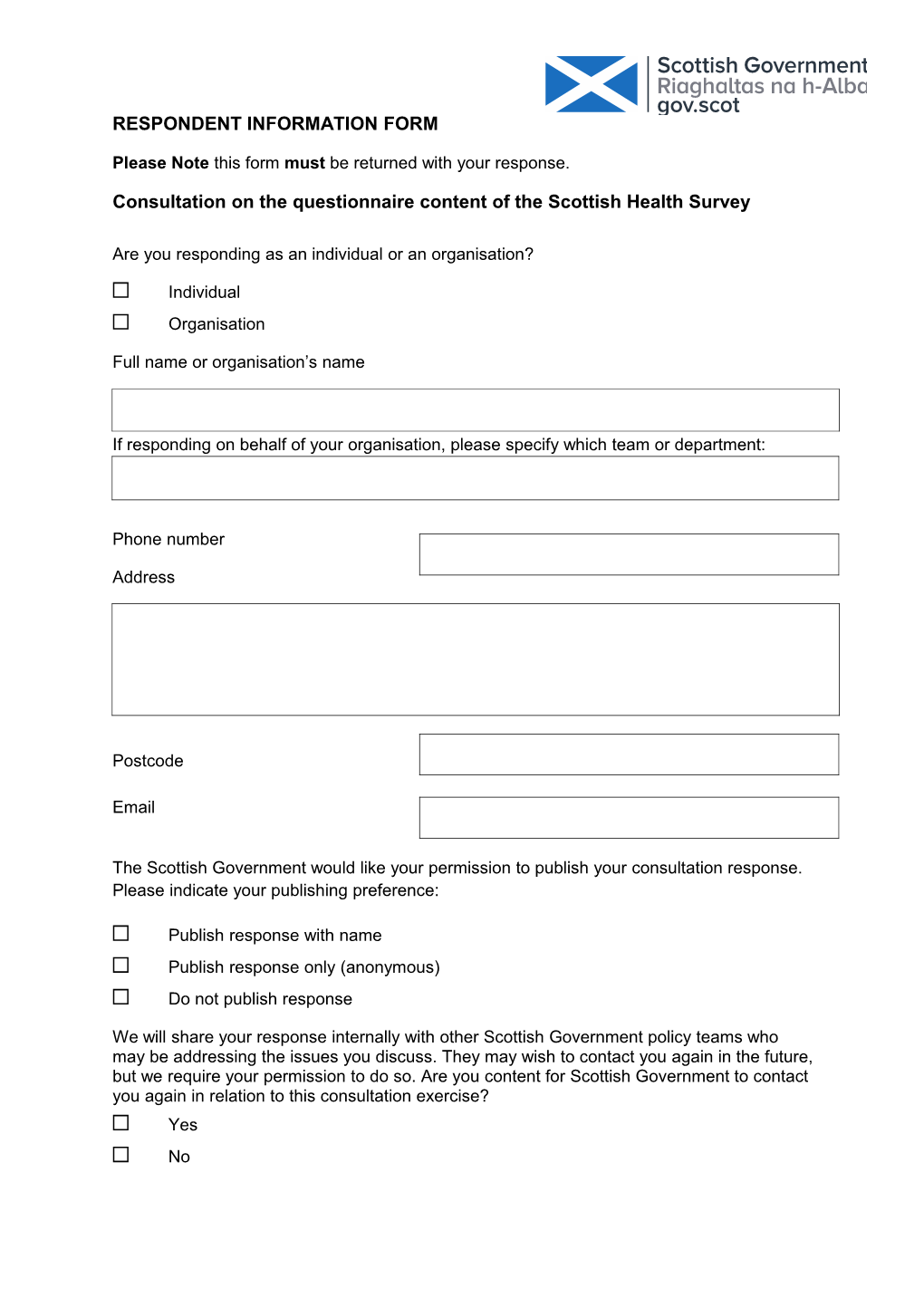 Consultation on the Questionnaire Content of the Scottish Health Survey Form