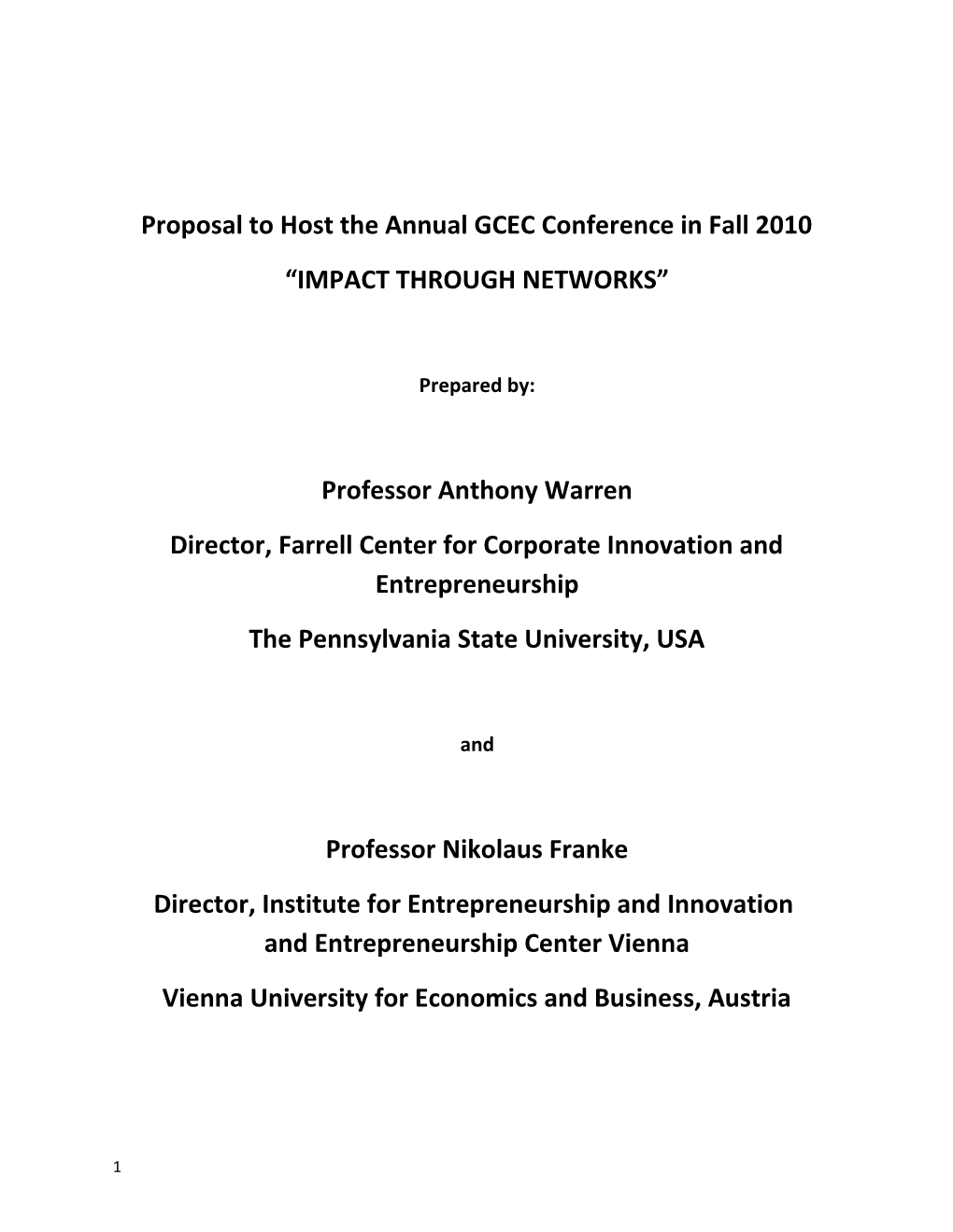 Proposal to Host the Annual GCEC Conference in Fall 2010