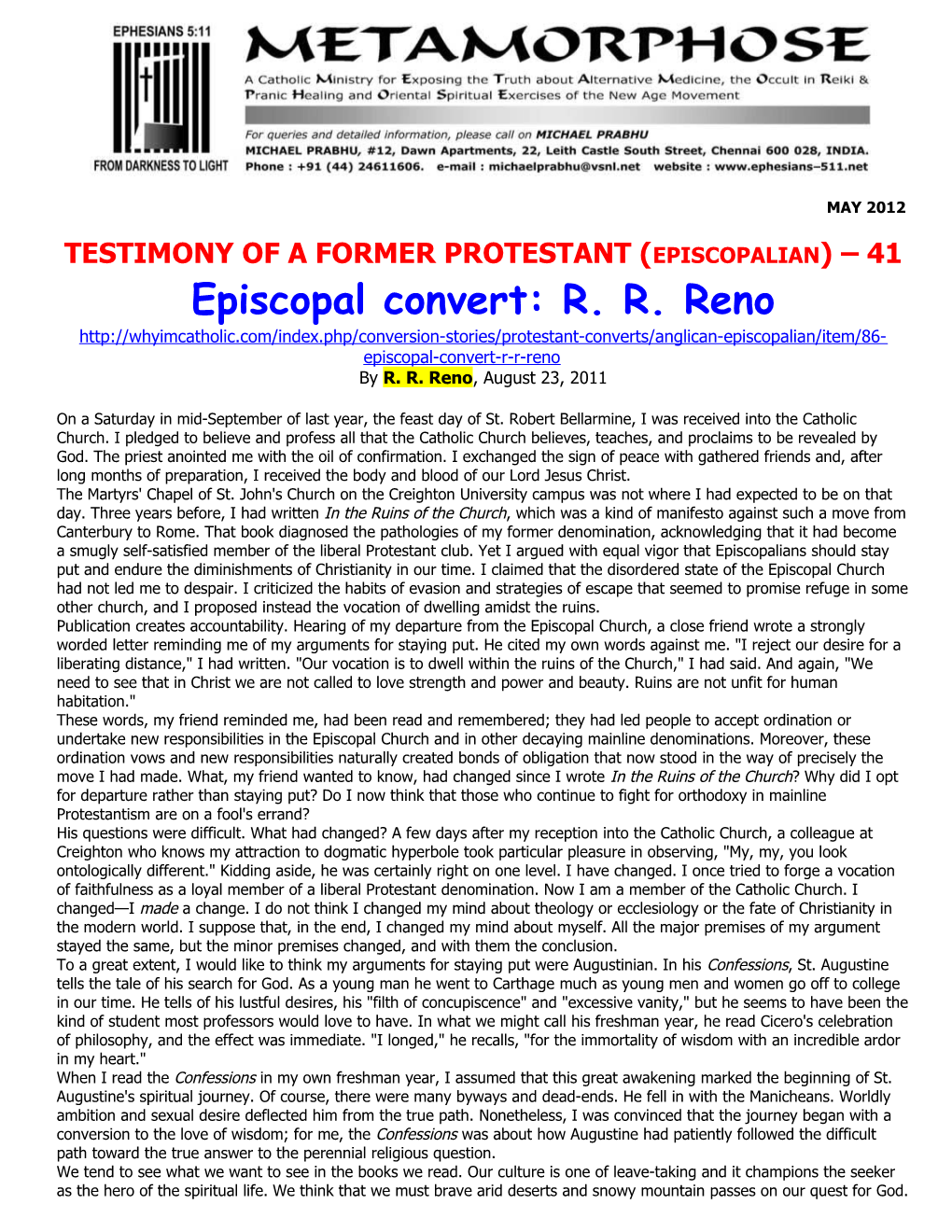 Testimony of a Former Protestant (Episcopalian) 41