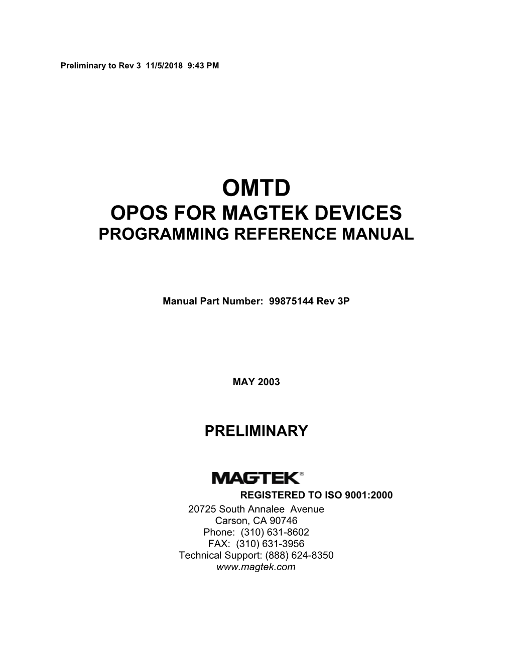 OMTD, OPOS for Magtek Devices, Programming Reference Manual
