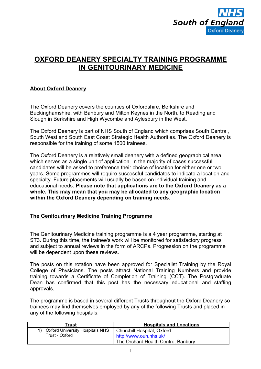 Oxford Deanery Specialty Training Programme in Genitourinary Medicine
