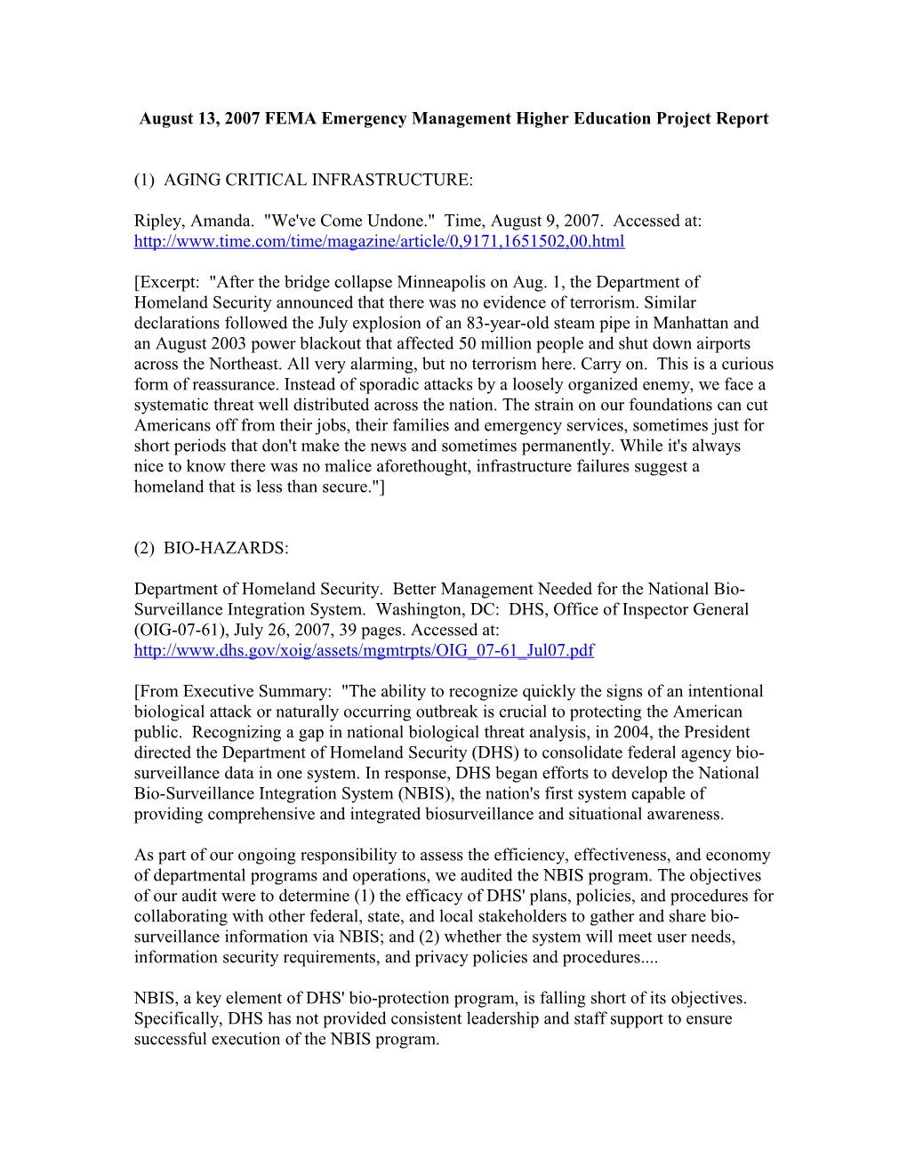 August 13, 2007 FEMA Emergency Management Higher Education Project Report
