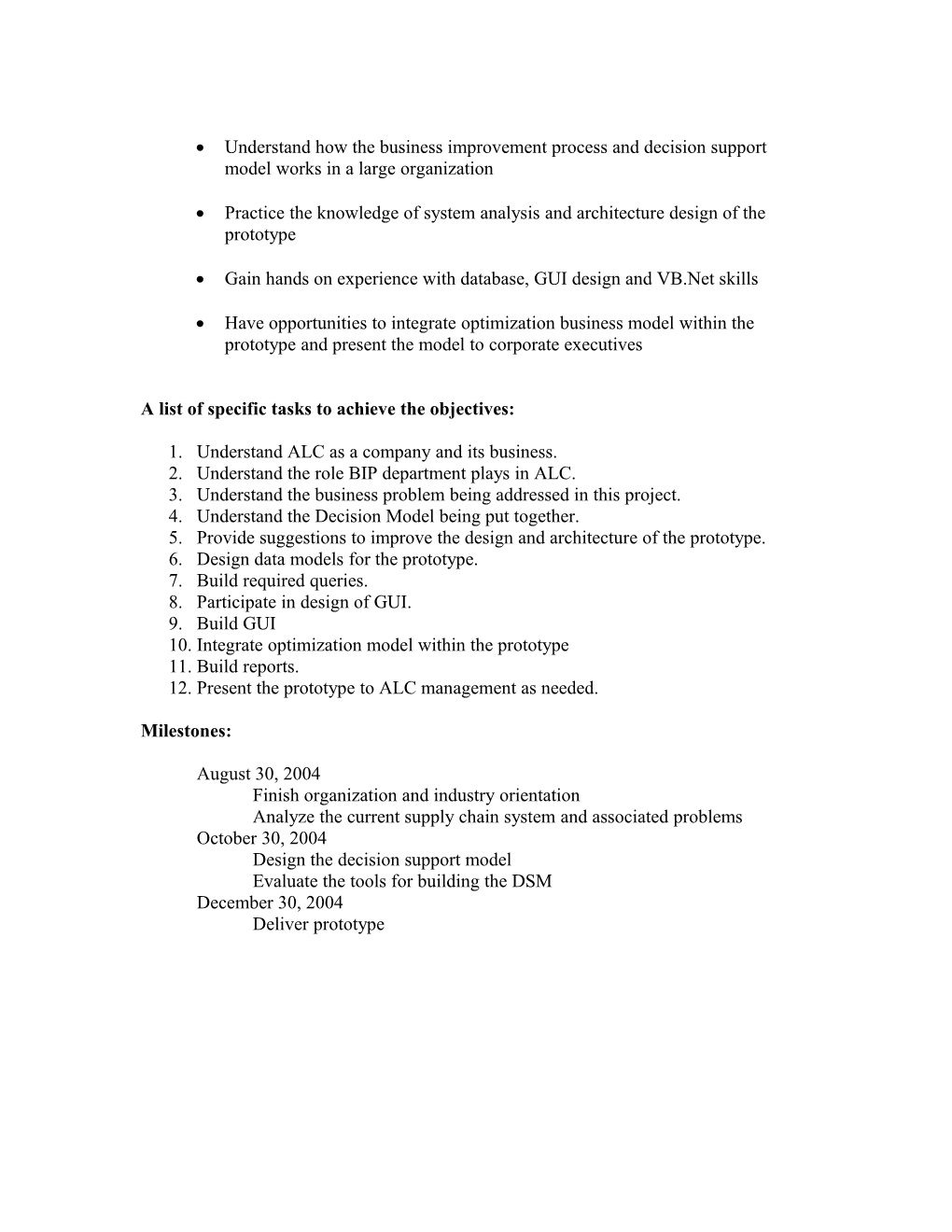 Internship Outline and Objectives