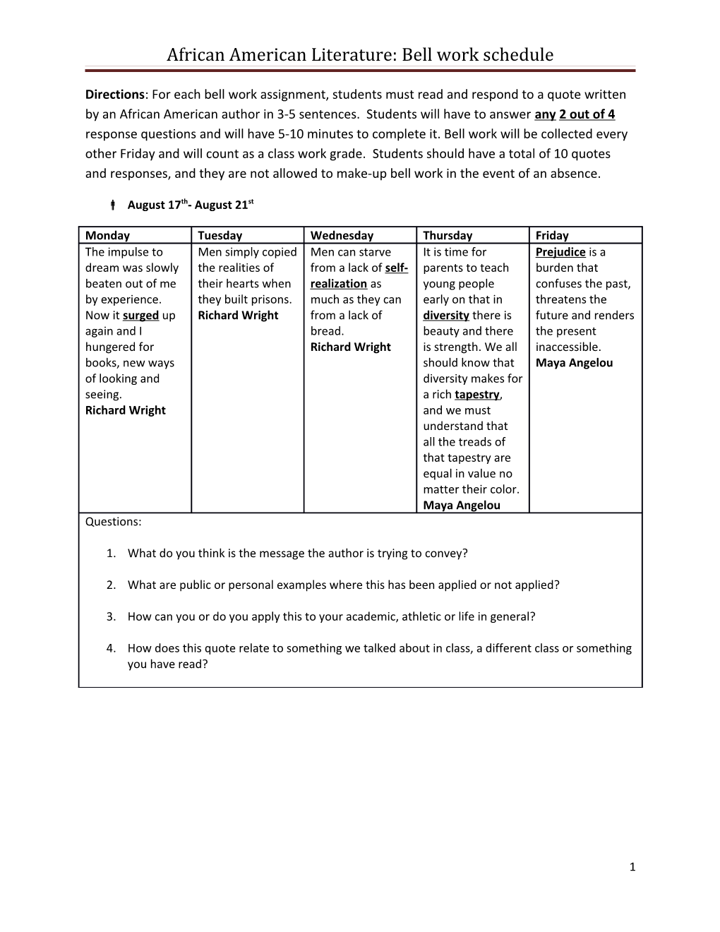 African American Literature: Bell Work Schedule