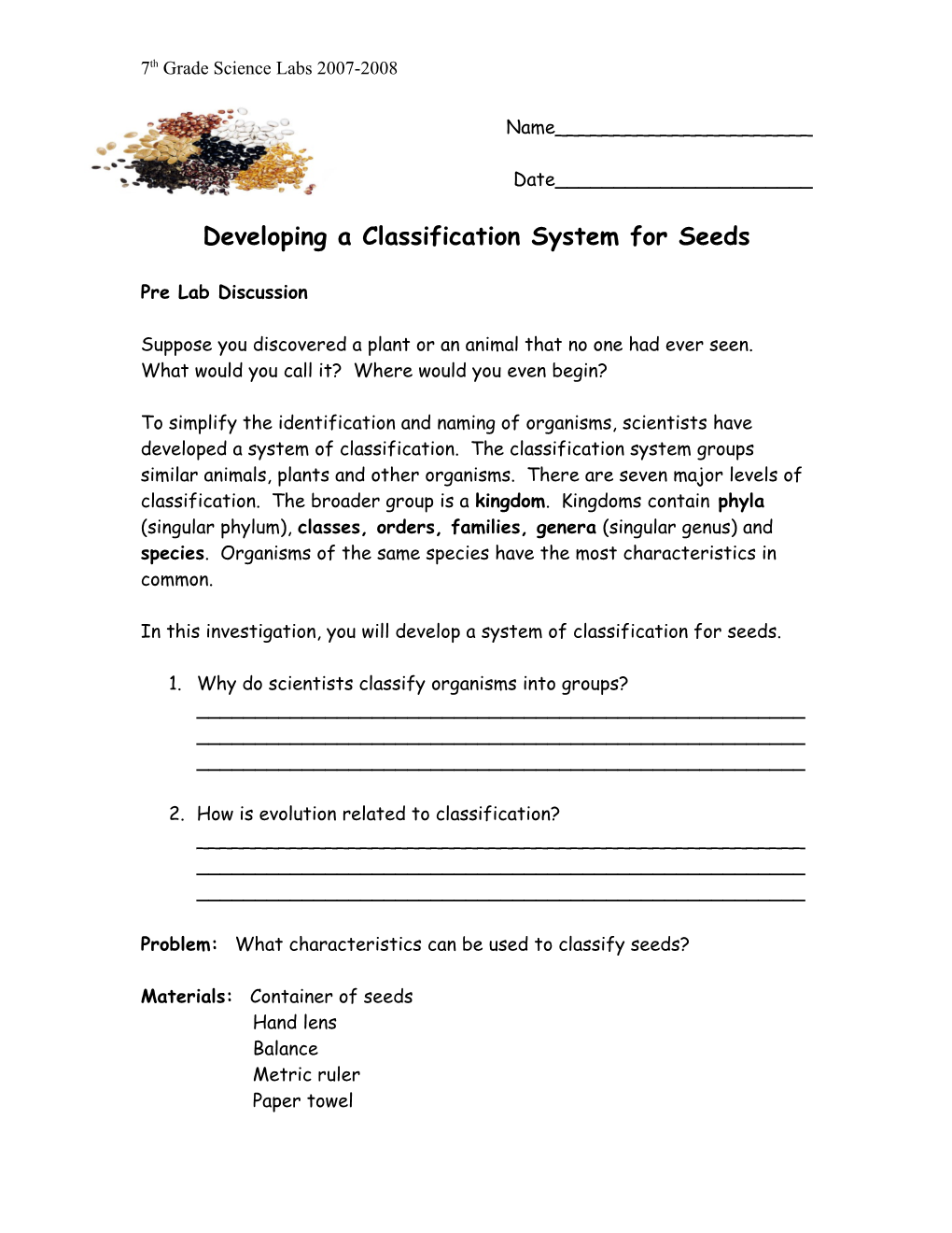 Developing a Classification System for Seeds