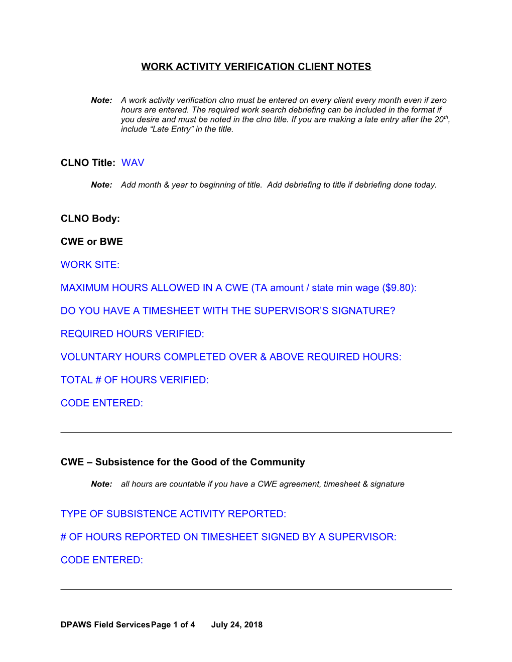 Work Activity Verification Client Notes
