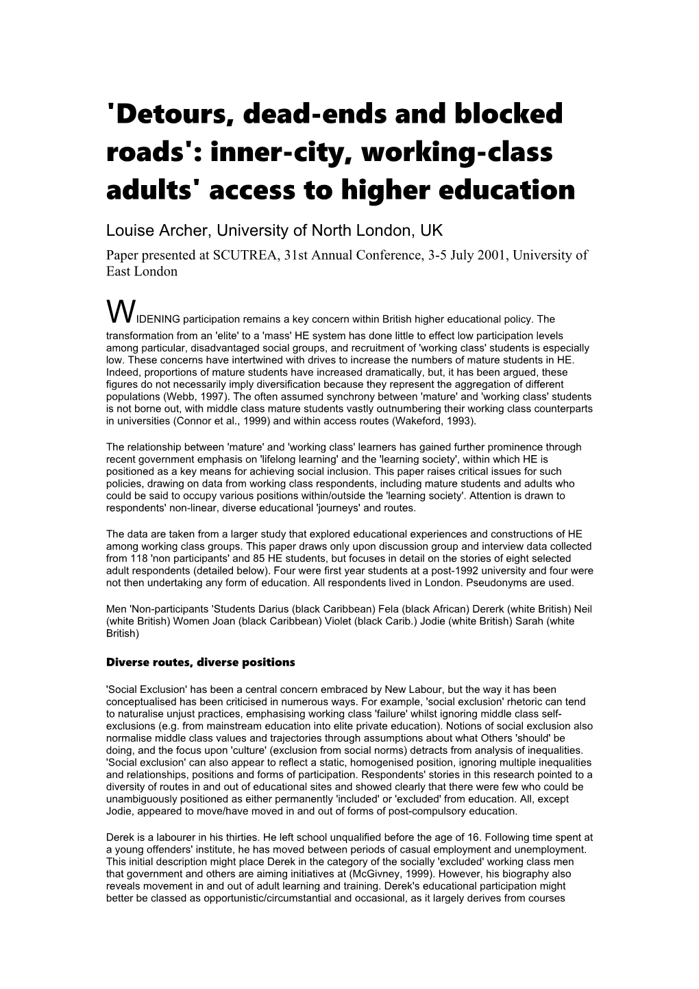 'Detours, Dead-Ends and Blocked Roads': Inner-City, Working-Class Adults' Access to Higher