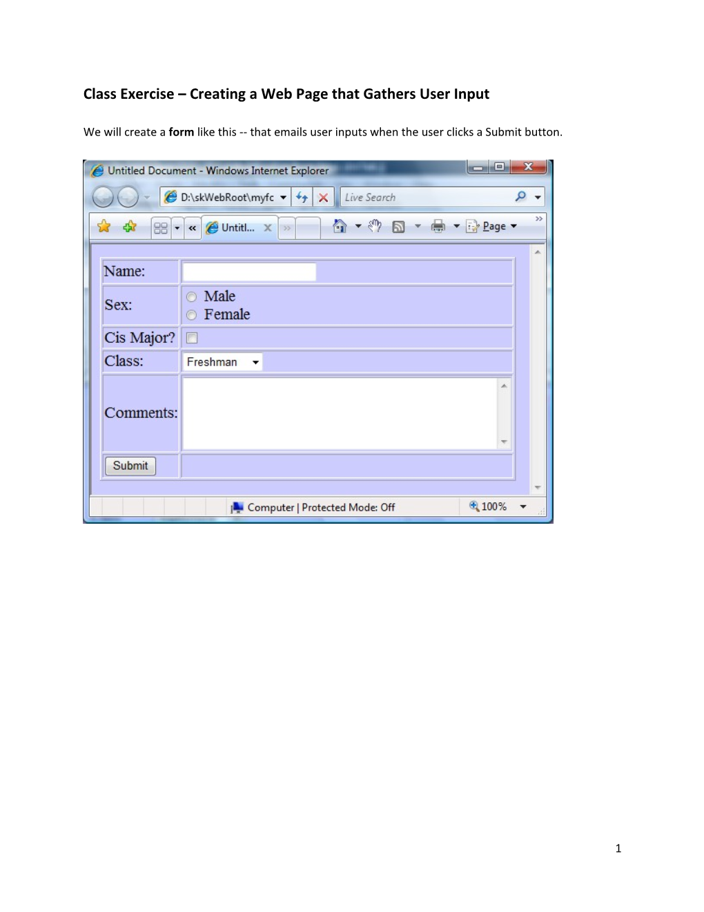 Class Exercise Creating a Web Page That Gathers User Input