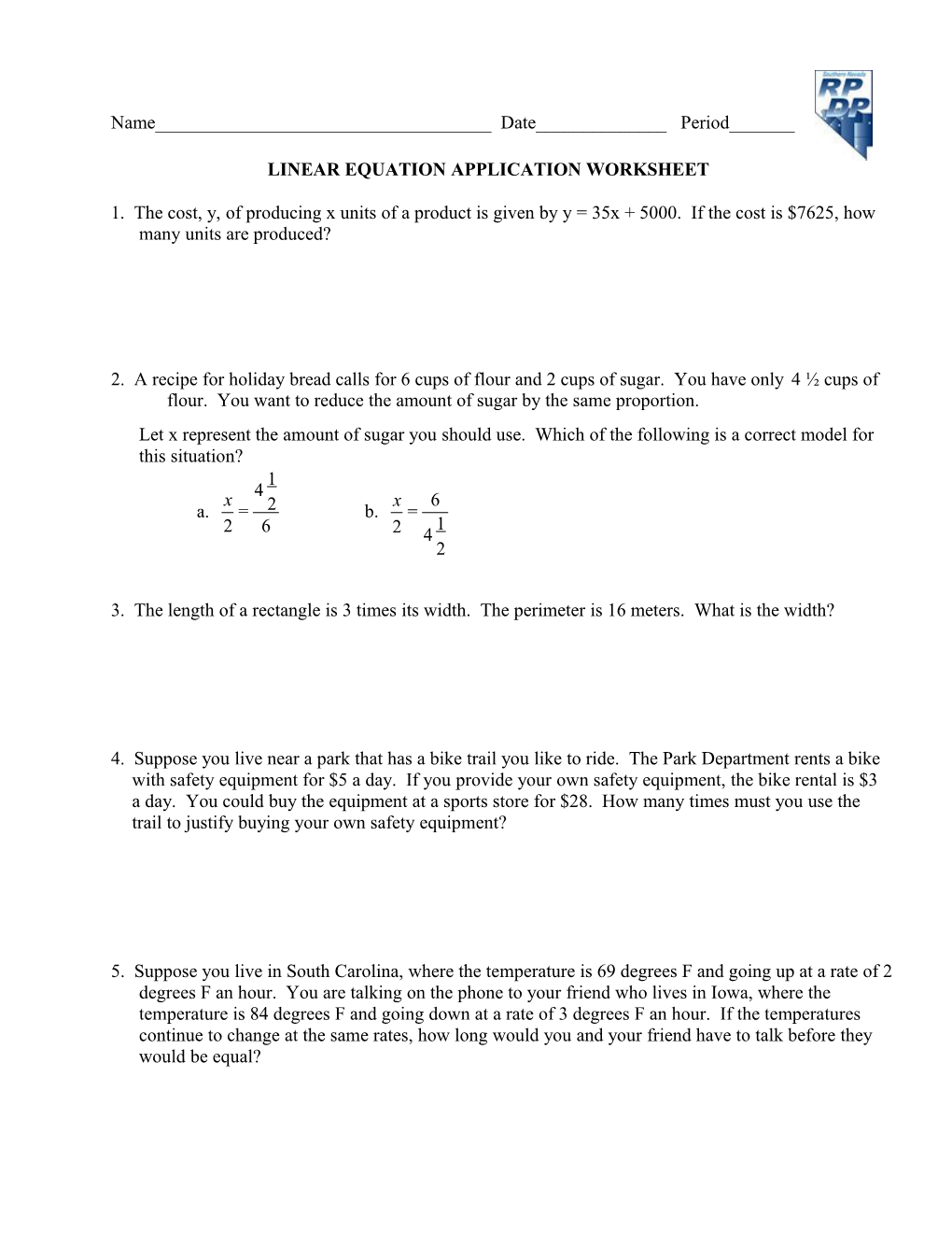 Linear Equation Application Worksheet
