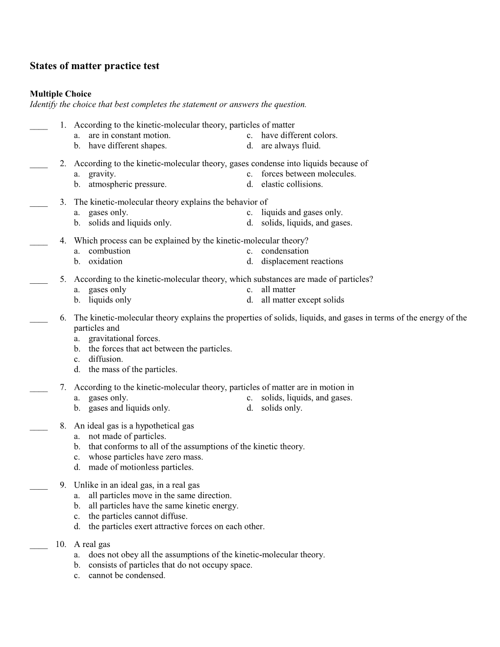 States of Matter Practice Test