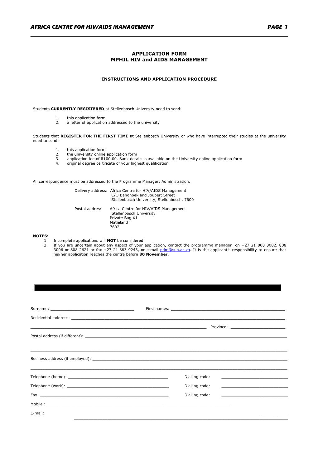 Application Form for Mphil Hiv/Aids Management