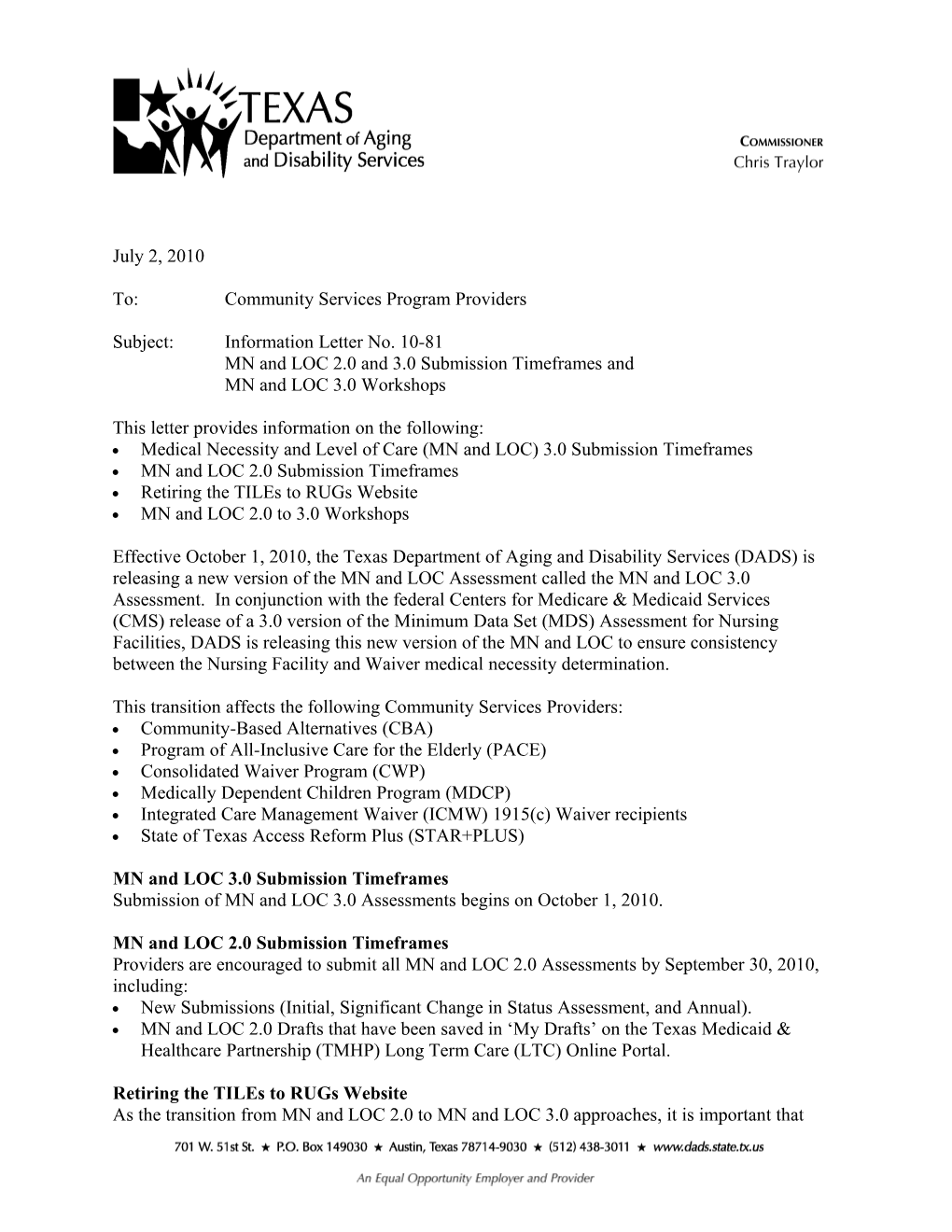 IL 10-81: MN and LOC 2.0 and 3.0 Submission Timeframes and MN and LOC 3.0 Workshops