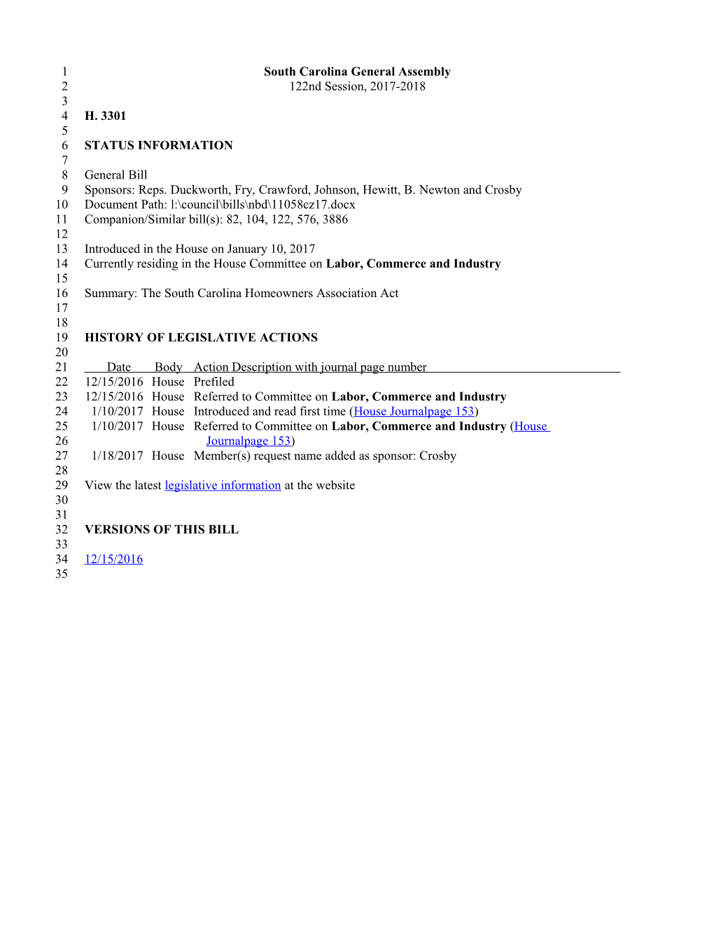 2017-2018 Bill 3301: the South Carolina Homeowners Association Act - South Carolina Legislature