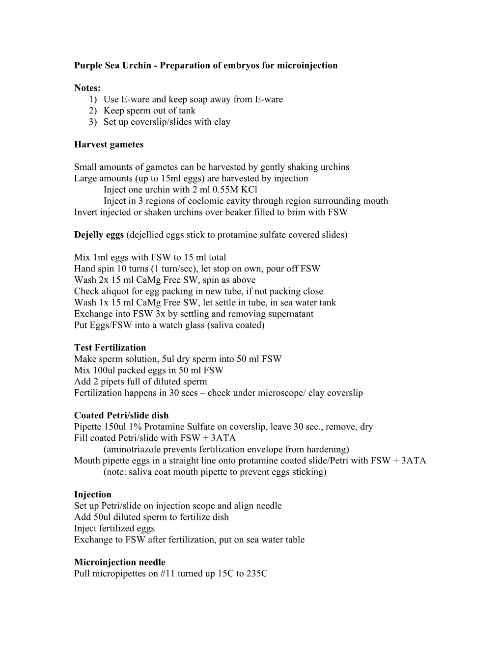 Purple Sea Urchin - Preparation of Embryos for Microinjection