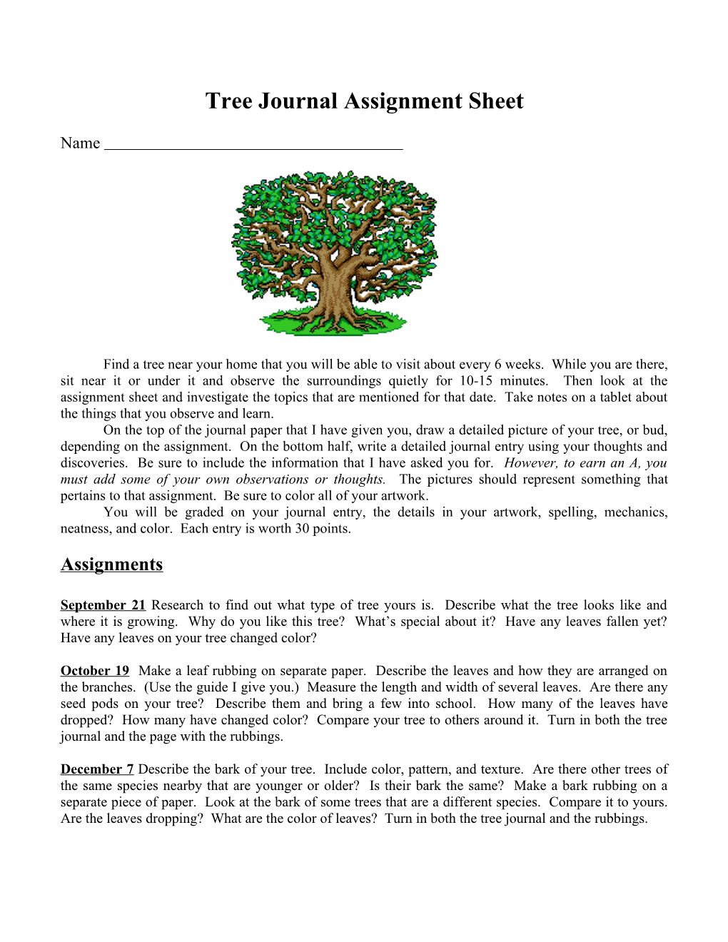 Tree Journal Assignment Sheet