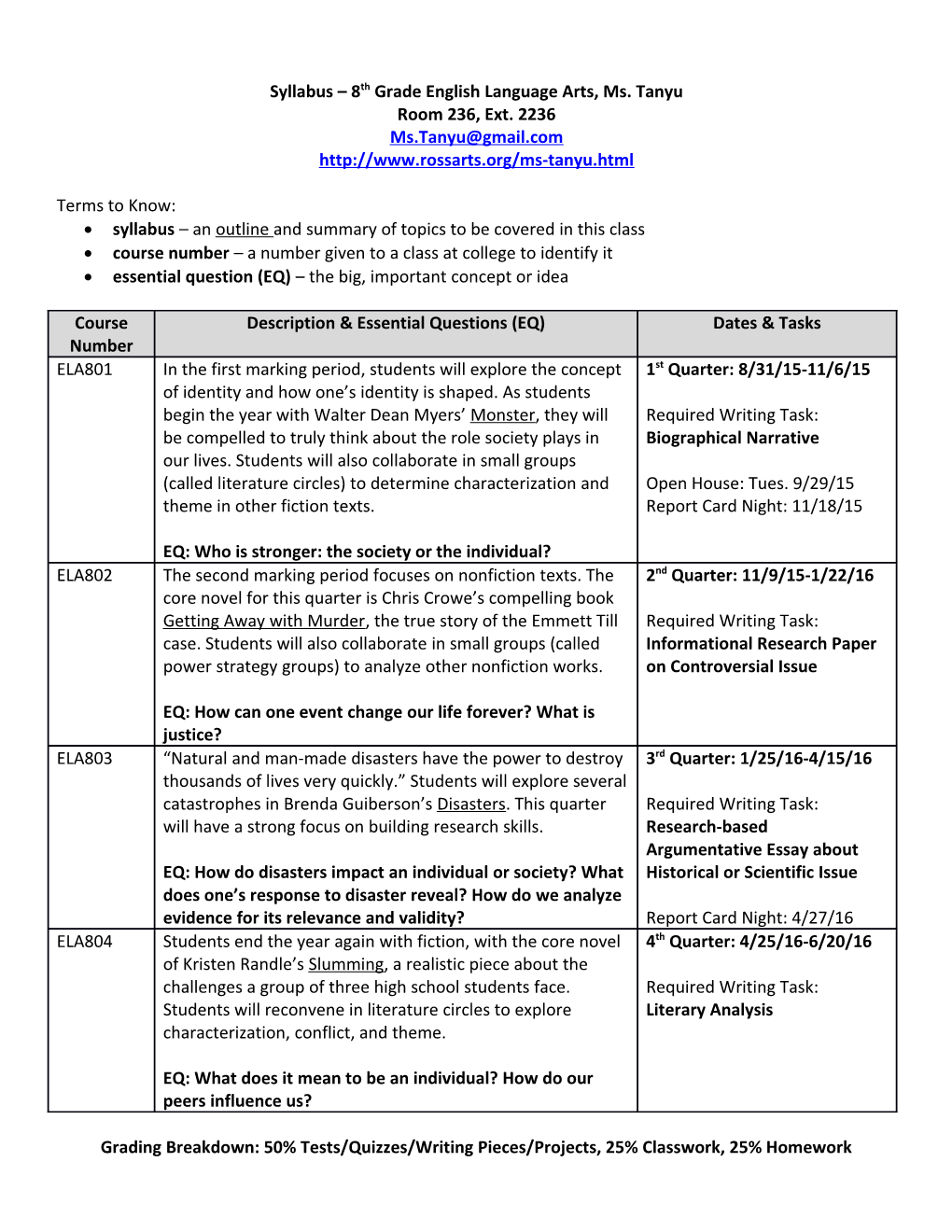 Syllabus 8Th Grade English Language Arts, Ms. Tanyu