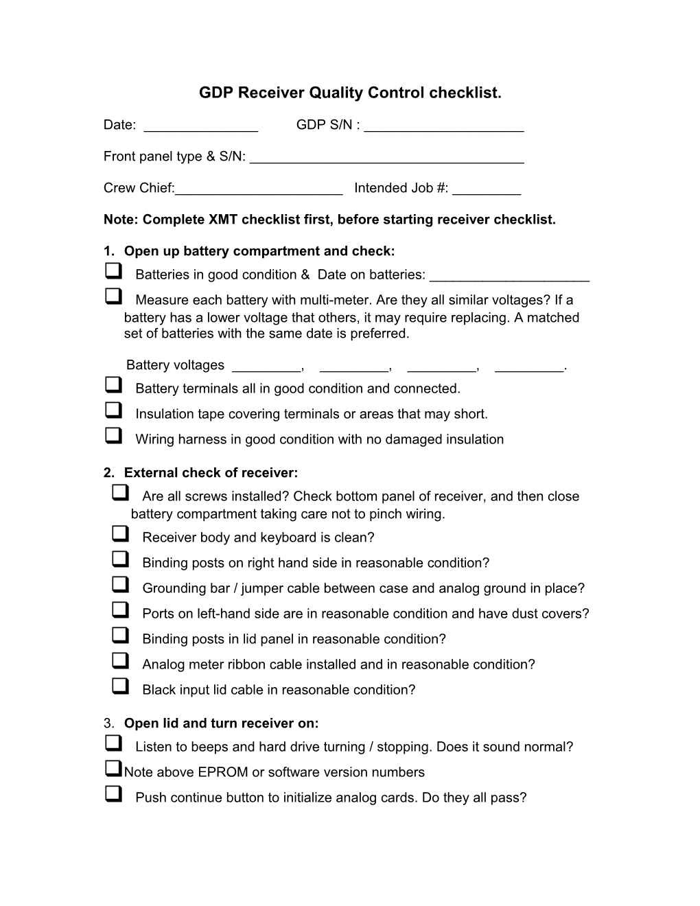 GDP Receiver Quality Control Checklist