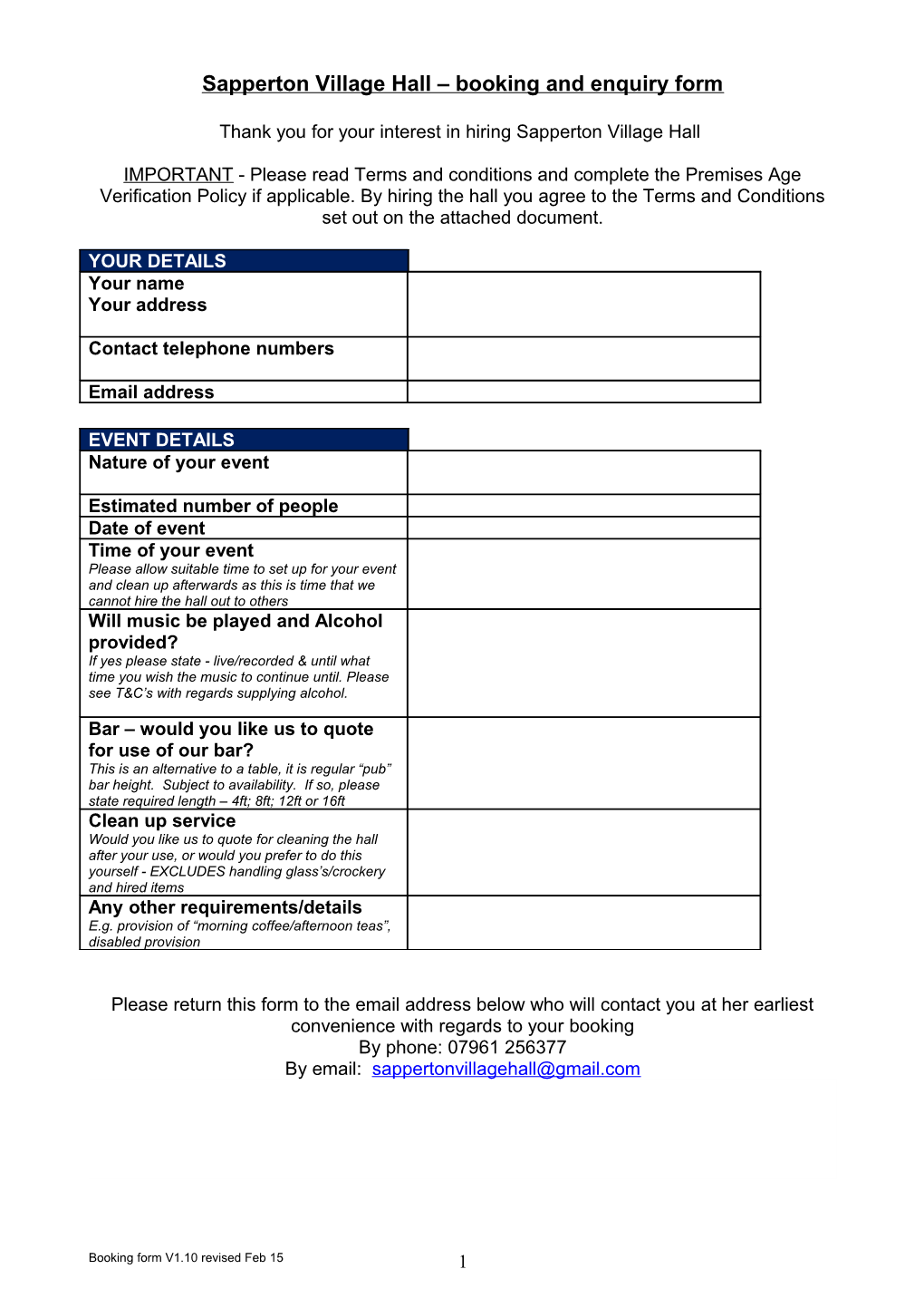 Sapperton Village Hall Booking Form & T&Cs