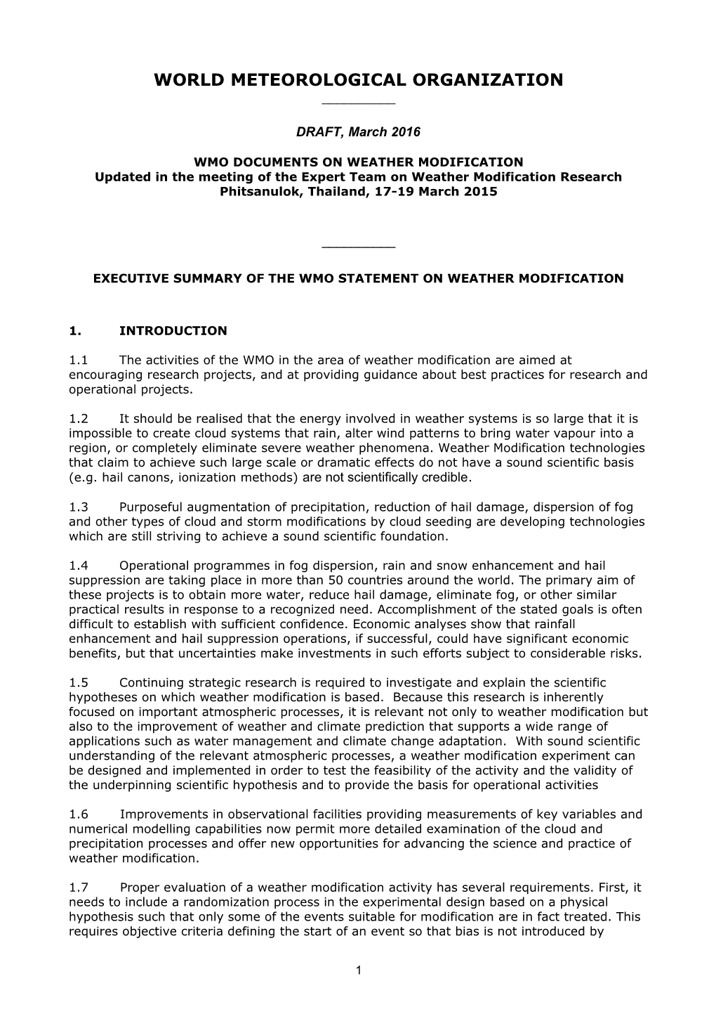 Wmo Documents on Weather Modification