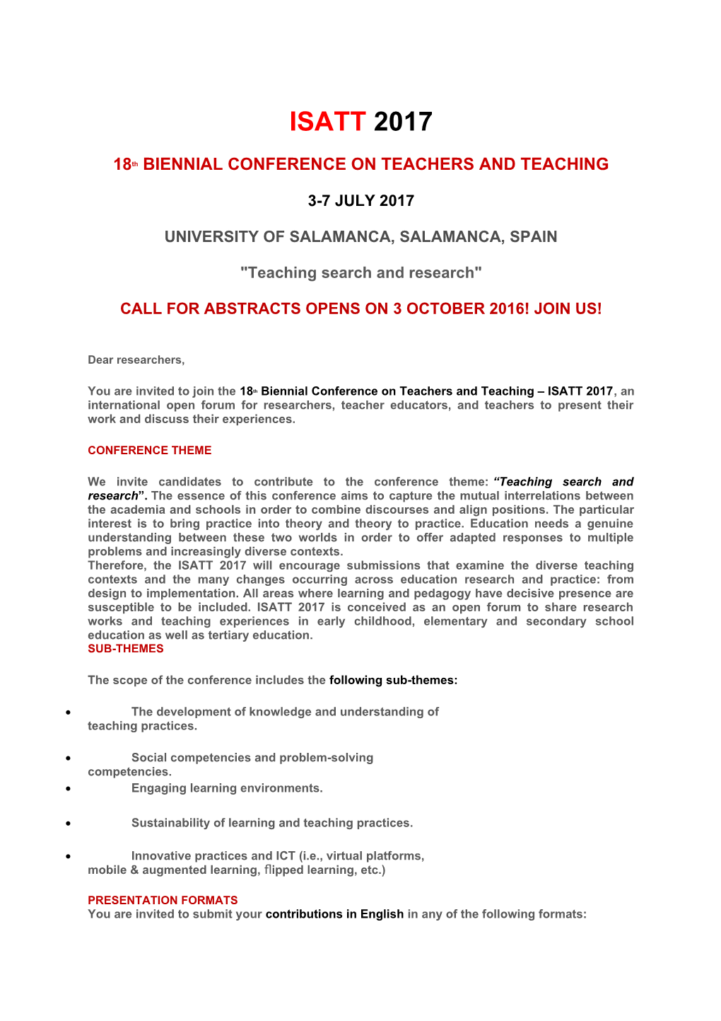 18Thbiennial CONFERENCE on TEACHERS and TEACHING
