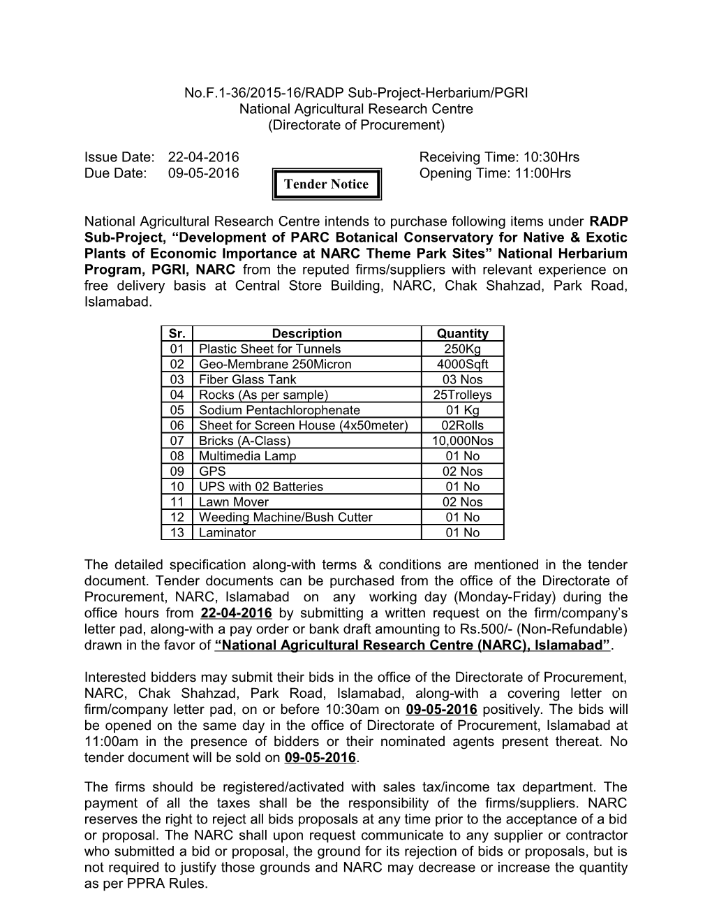 No.F.1-36/2015-16/RADP Sub-Project-Herbarium/PGRI