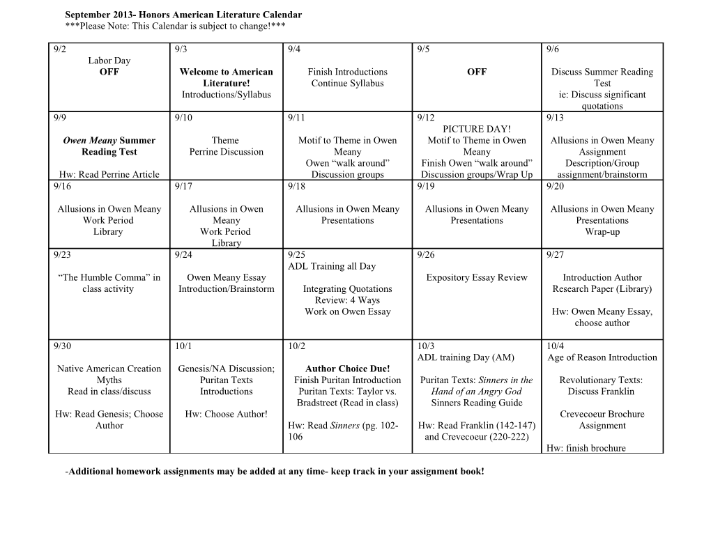 September 2013- American Literature Calendar