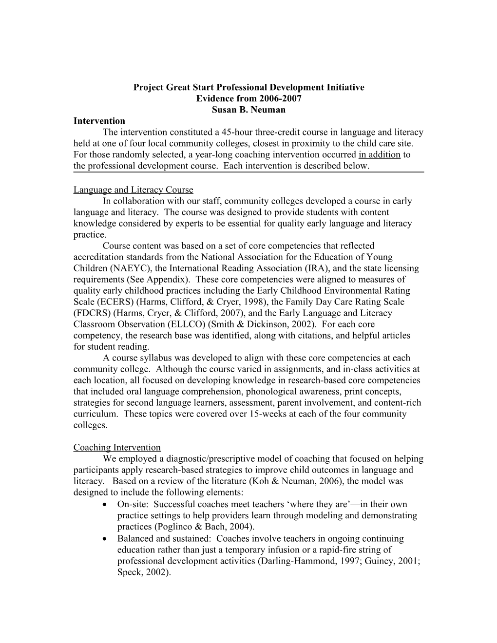 Project Great Start Professional Development Initiative, Evidence from 2006-2007 (MS Word)