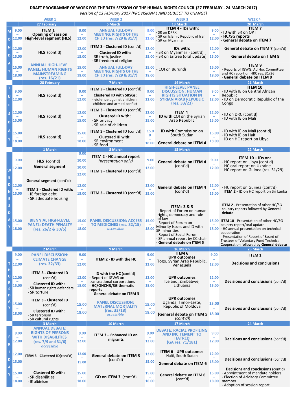Programme of Work for the 34Th Session of the Human Rights Council in English