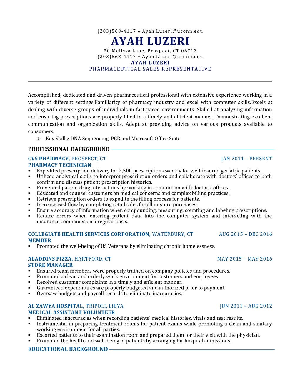 Key Skills: DNA Sequencing, PCR and Microsoft Office Suite