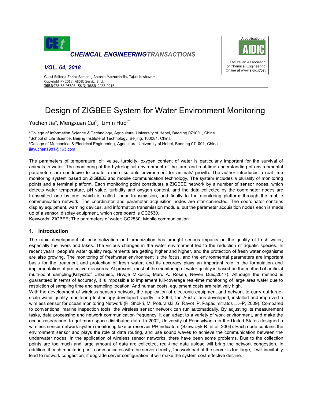 Design of ZIGBEE System for Water Environment Monitoring