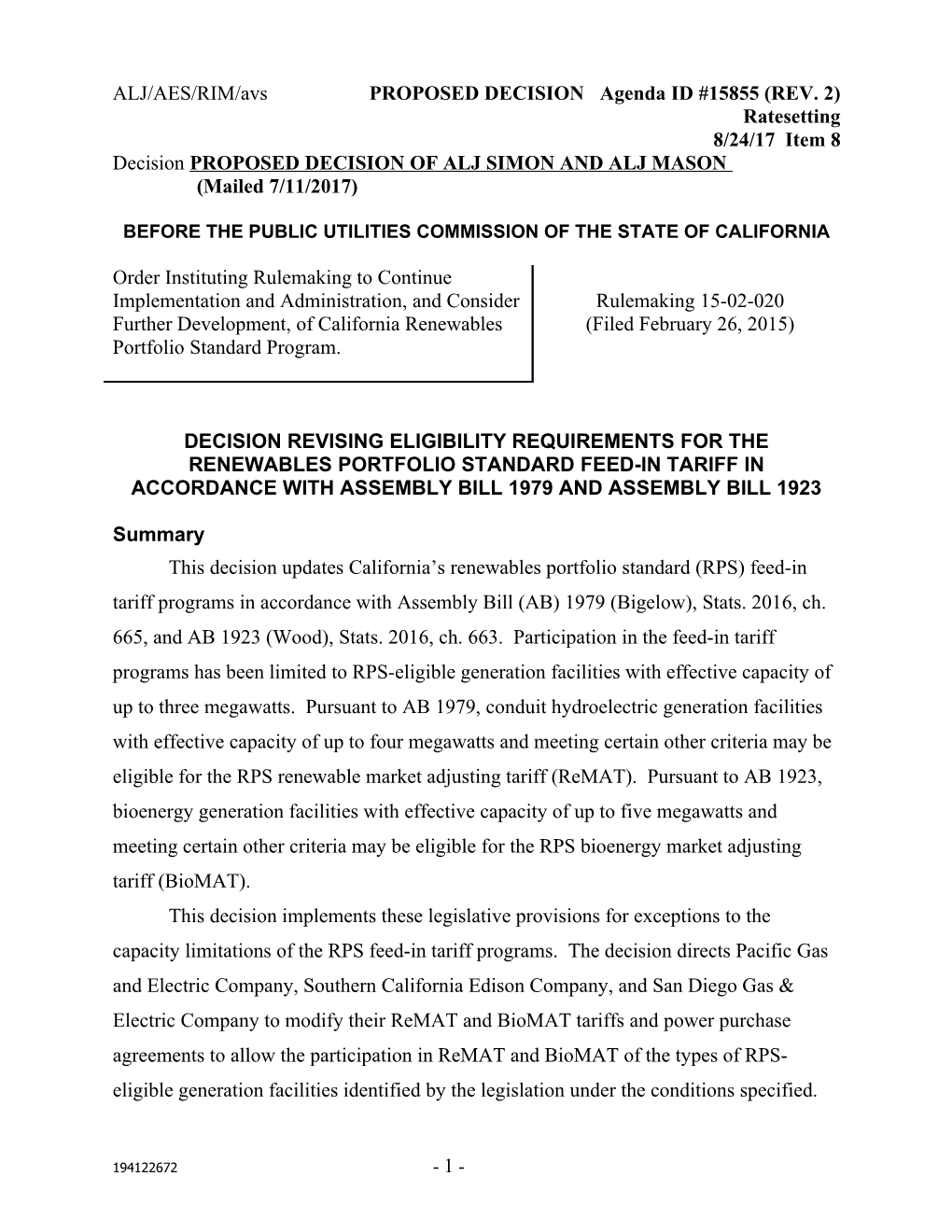 R.15-02-020 ALJ/AES/RIM/Avs PROPOSED DECISION (REV. 2)