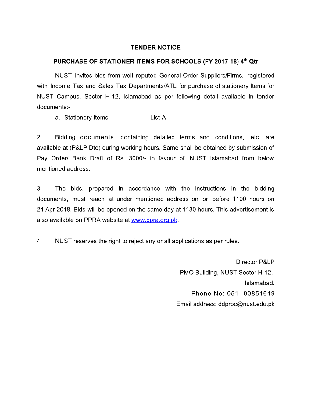 PURCHASE of STATIONER ITEMS for SCHOOLS (FY 2017-18) 4Th Qtr