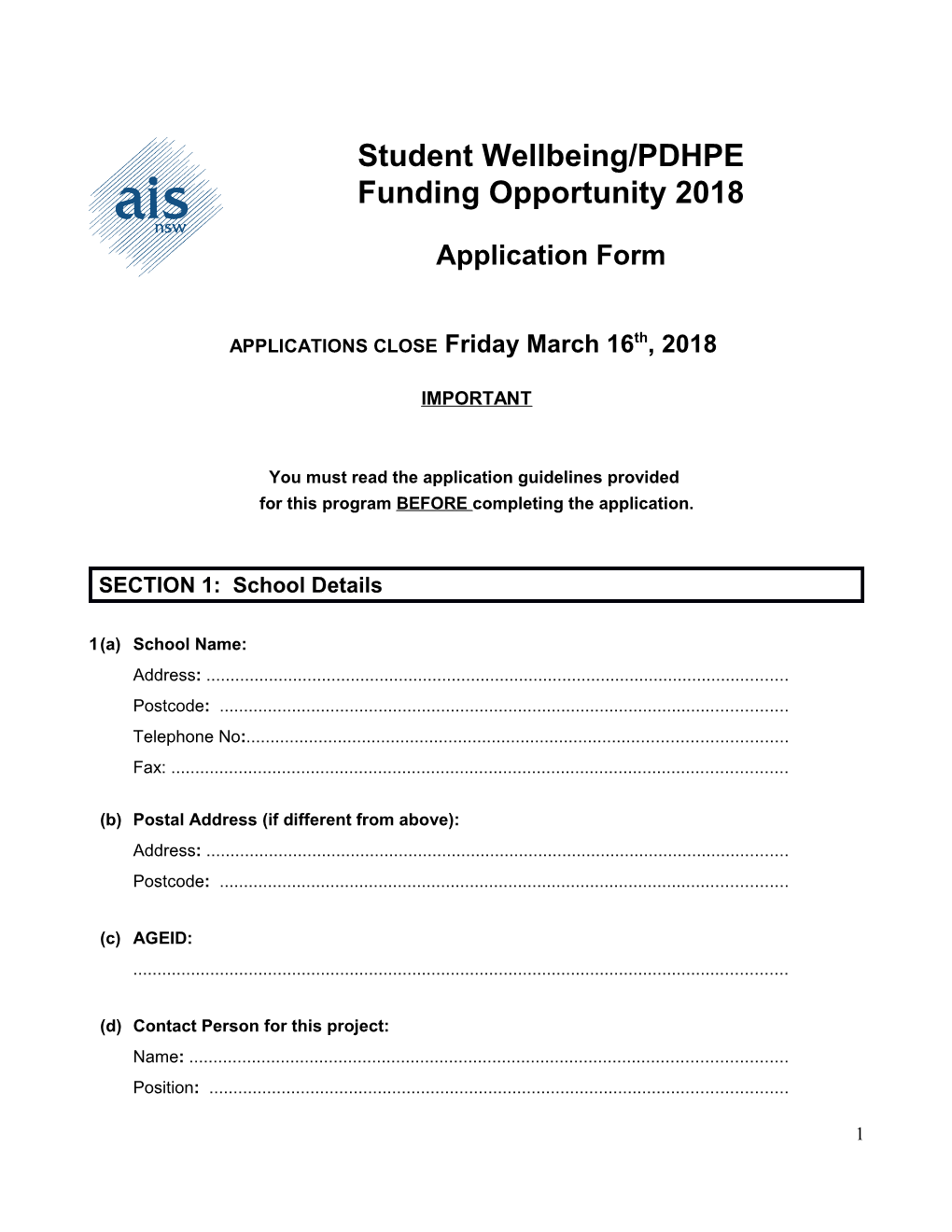 Student Wellbeing PDHPE Funding Opportunity Application 2018 FINAL