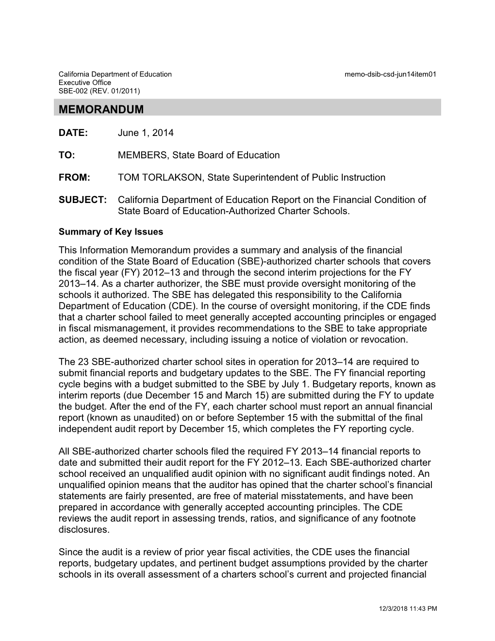 June 2014 Memorandum CSD Item 01 - Information Memorandum (CA State Board of Education)
