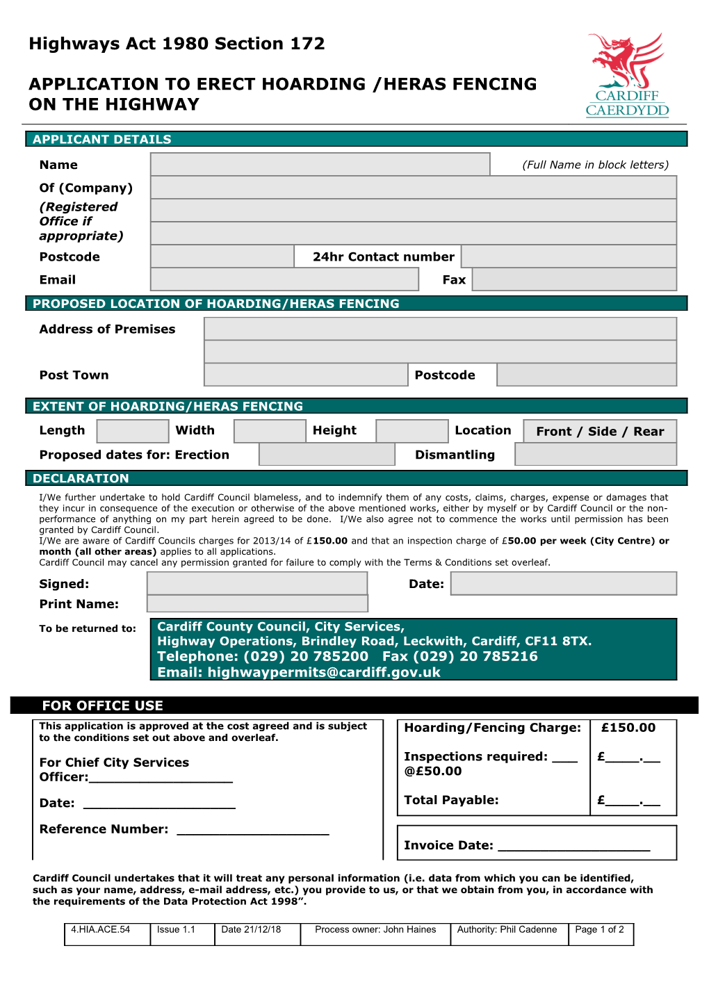 Hoarding Licence Application Form