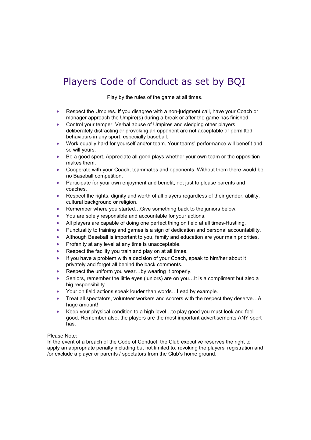 Players Code of Conduct As Set by BQI