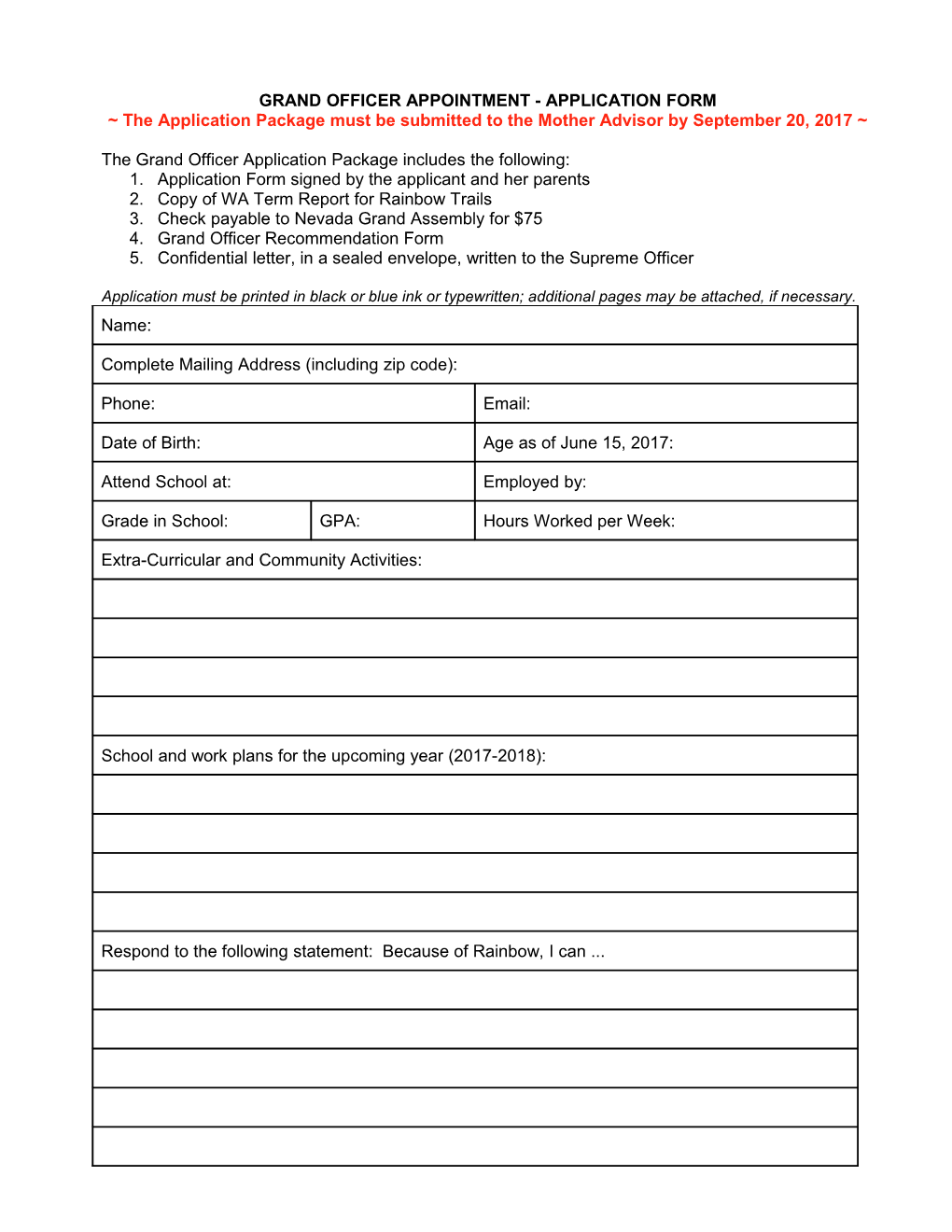 Grand Officer Appointment -Application Form