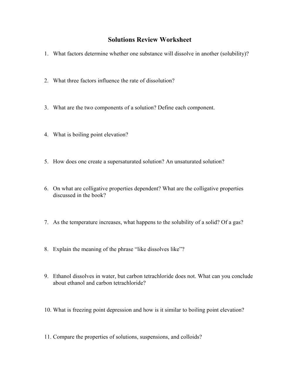 Solutions Review Worksheet