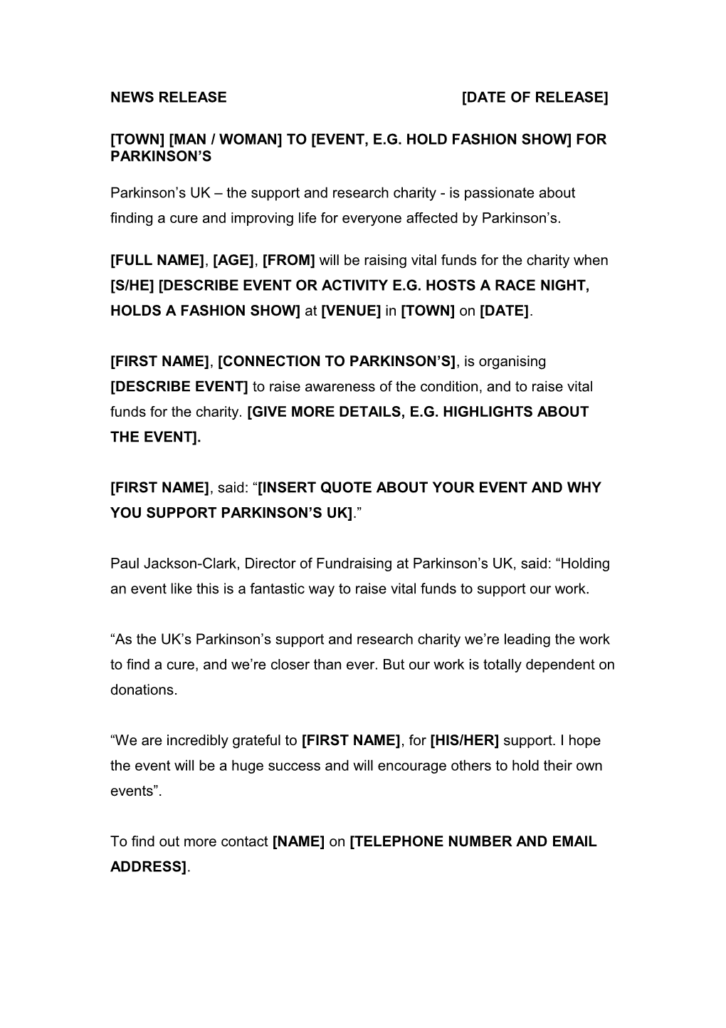 Template Press Release for Fundraisers (Word, 32KB)