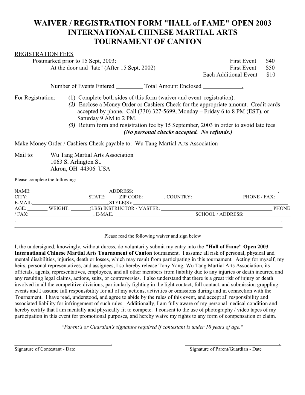 WAIVER / REGISTRATION FORM AHALL of FAME OPEN 2001