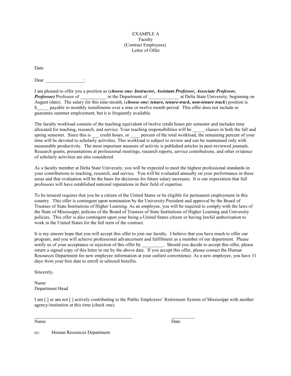 EXAMPLE a Faculty (Contract Employees) Letter of Offer