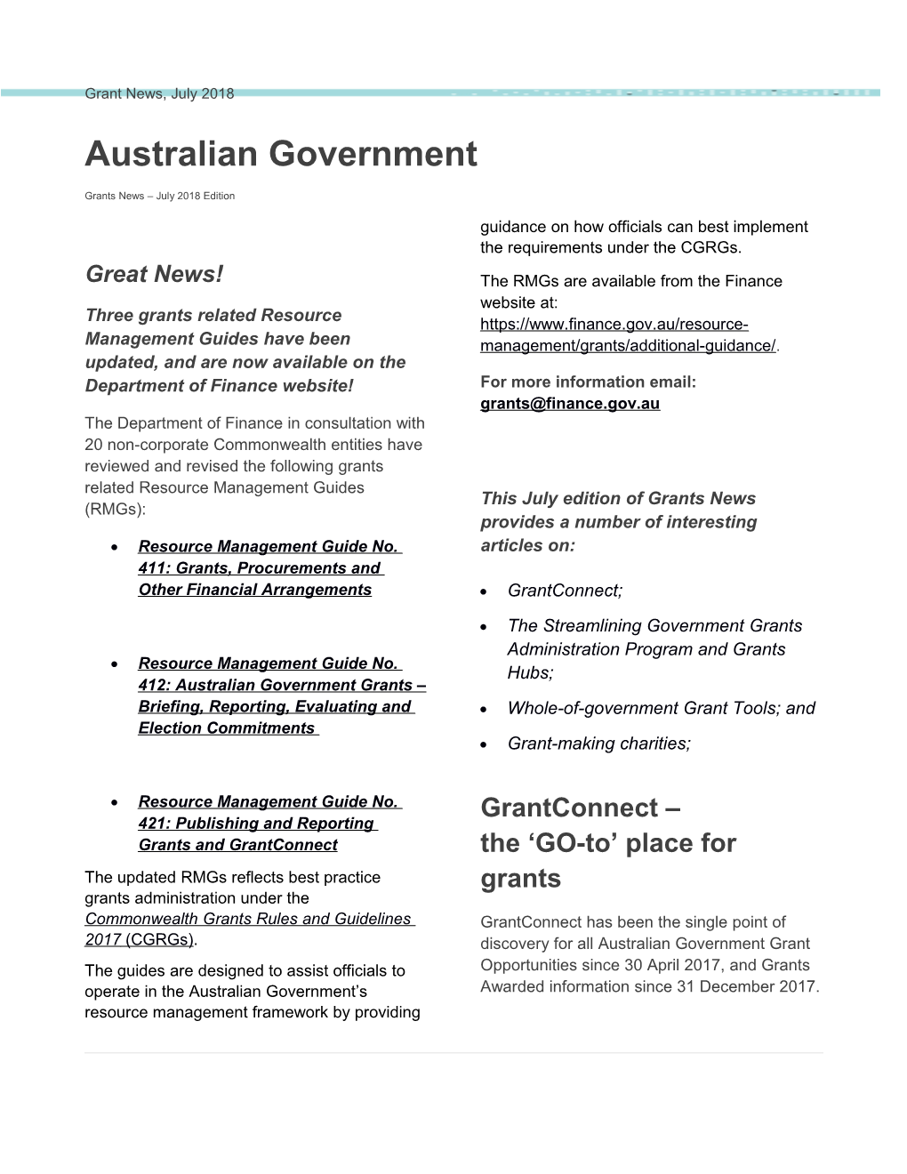 Australian Government Grants News July 2018 Edition