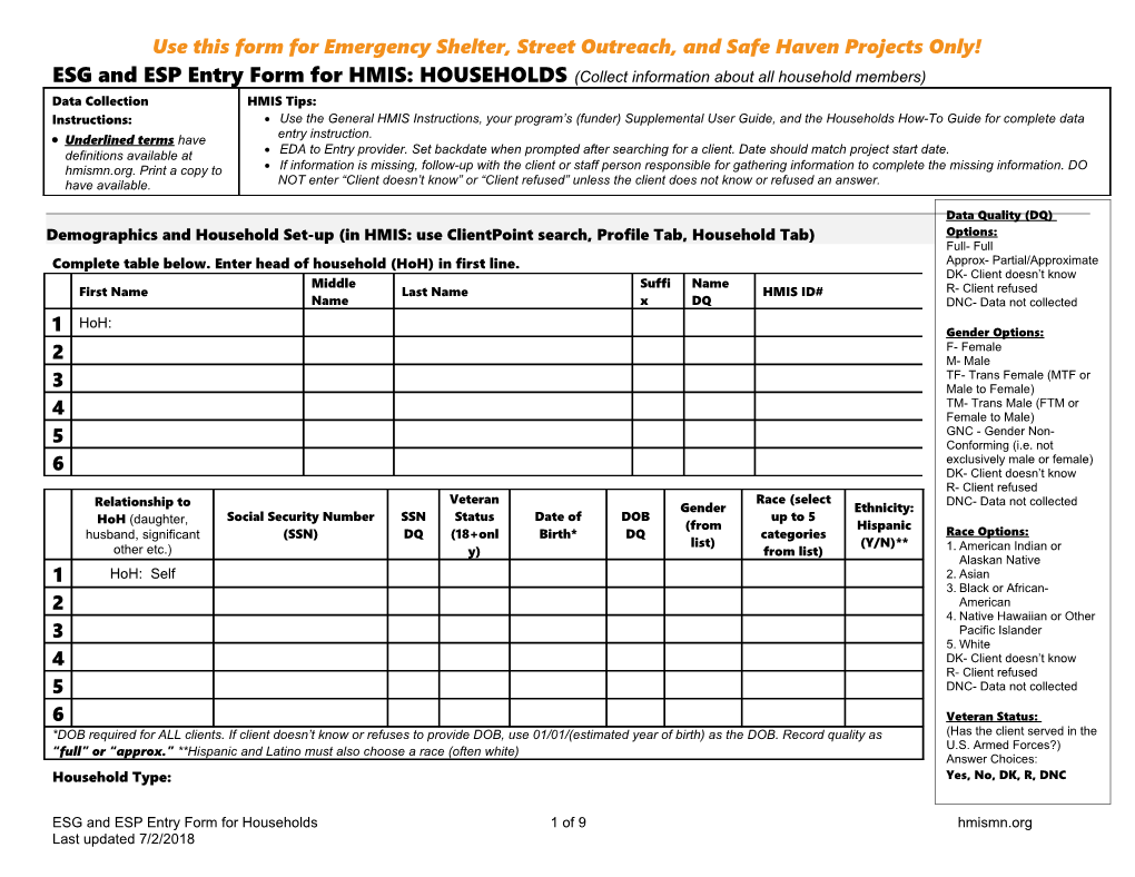 ESG and ESP Entry Form for HMIS: HOUSEHOLDS (Collect Information About All Household Members)