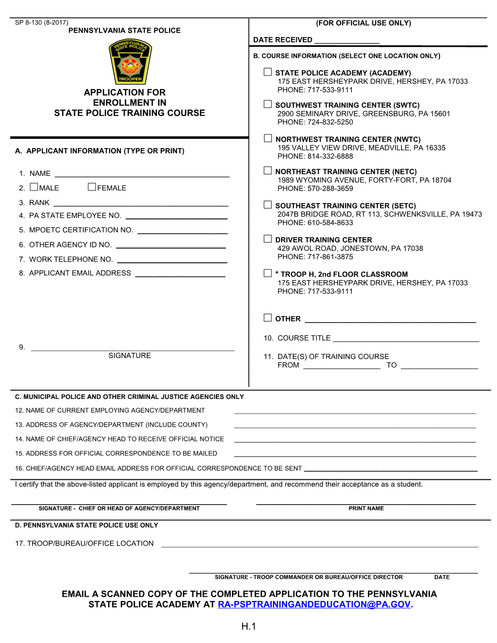 Application for Enrollment in State Police Training Course