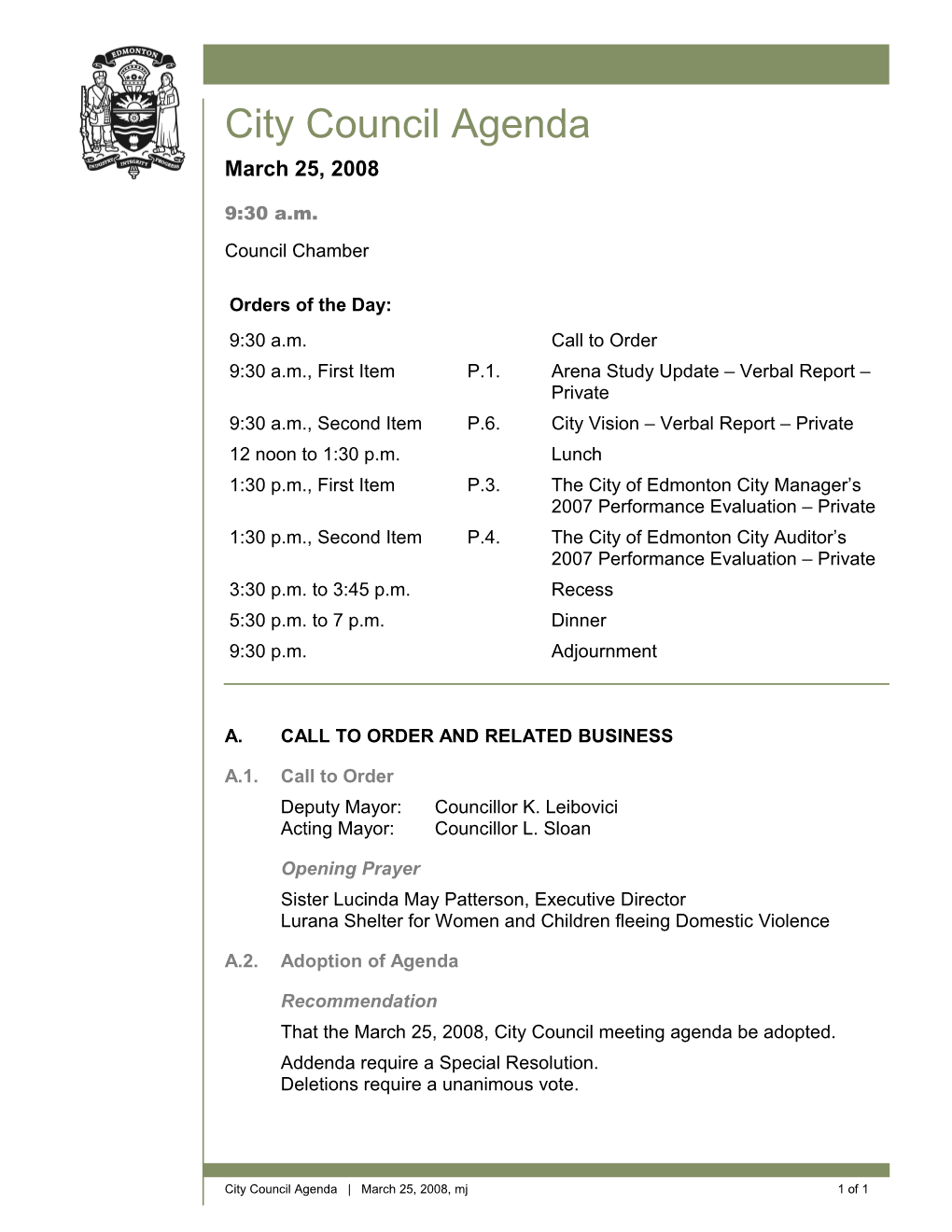 Agenda for City Council March 25, 2008 Meeting
