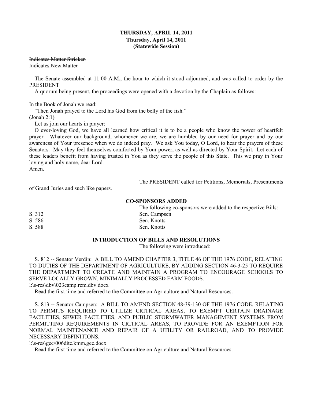 Senate Journal for Apr. 14, 2011 - South Carolina Legislature Online