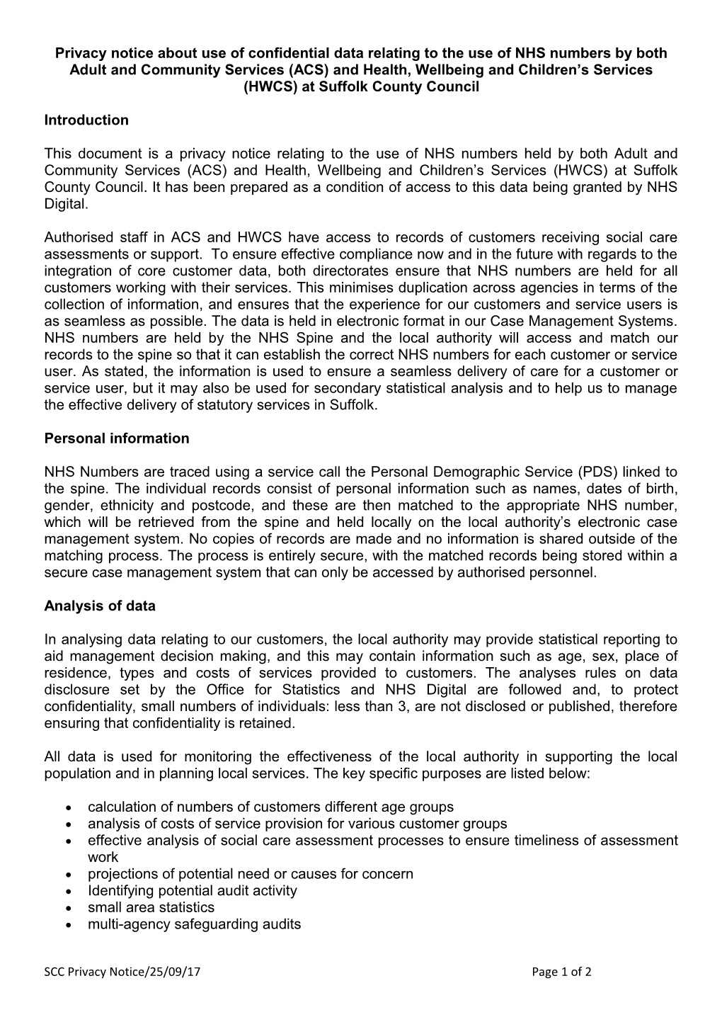 Privacy Notice About Use of Confidential Data Relating to the Use of NHS Numbers by Both