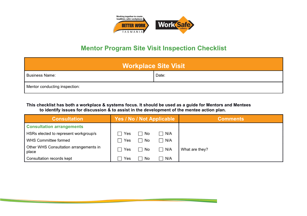 Mentor Program Site Visit Inspection Checklist